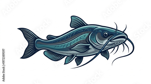 An illustration of a blue catfish with whisker-like barbels on a white background