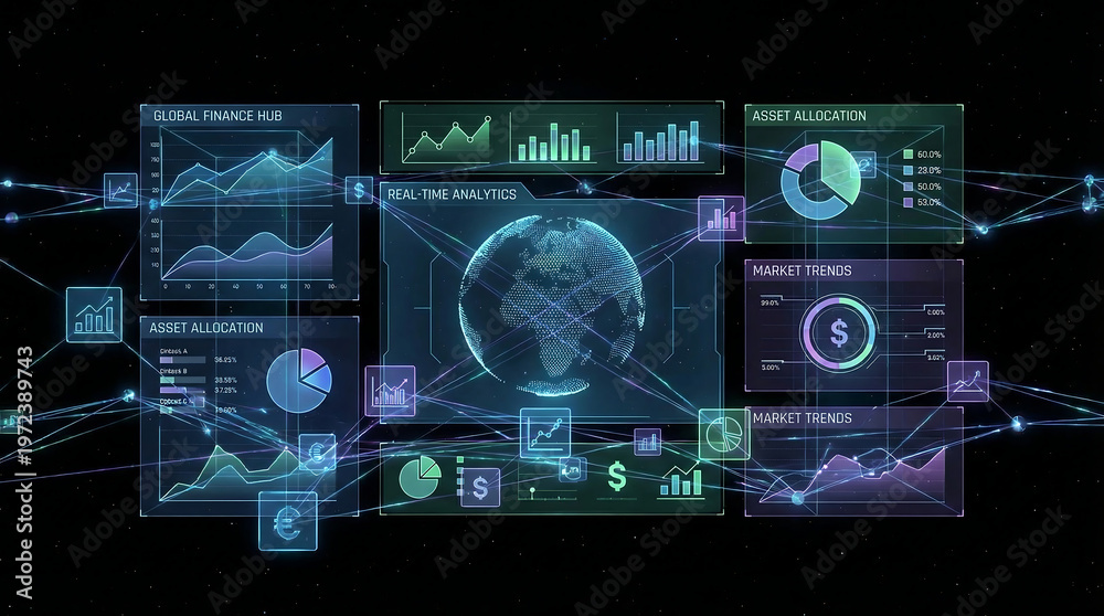 Obraz premium Futuristic digital dashboard with graphs charts and globe on black background representing data analysis and business intelligence