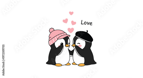 Pair of cute cartoon penguins wearing winter hats and sharing a loving moment with pink hearts represents romance, friendship, and love.