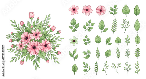 Detailed pink flower bouquet and a large set of green leaf and small floral elements offer versatile components for creative layouts.