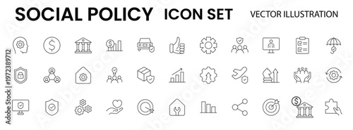 Set of Social Policy and Insuranceline icons. Outline icon collection related to education, insurance, law, goverment and more. vector illustration.