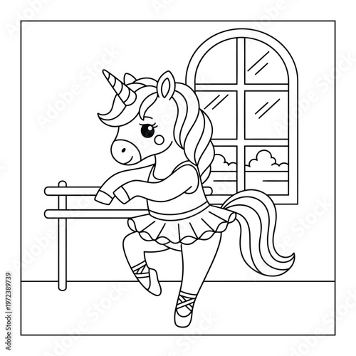 Unicorn ballerina dancing in ballet studio with cute cartoon style coloring page