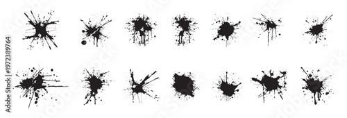 Set of black ink splatters and paint splashes on white background for grunge graphic design and artistic illustration. Black ink splat ink drop brush stroke set or silhouette, vector illustration.