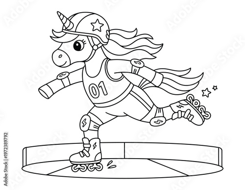 Rollerblading unicorn wearing safety gear and a helmet speeds along a track in this kids coloring page