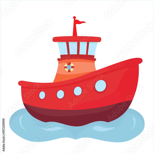 Colorful cartoon image of a red and orange boat, complete with a flag, portholes, and a life preserver