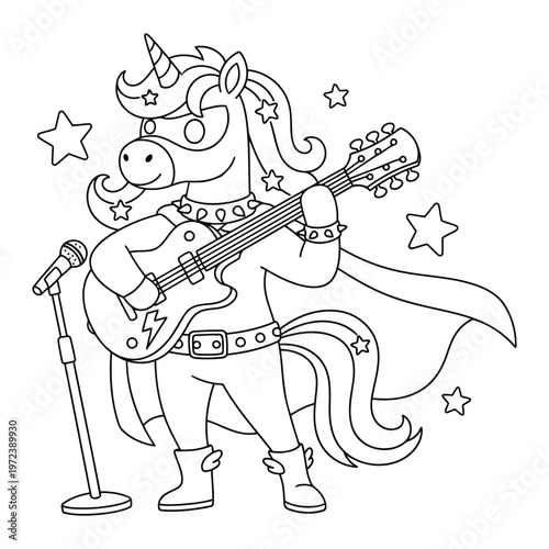 Unicorn rockstar playing electric guitar with microphone and stars coloring page