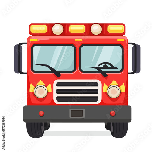 A frontal cartoon view of a red emergency vehicle with multiple flashing lights and sirens