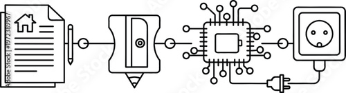 Continuous line workflow illustration showing document file to smart contract, AI microchip processing, and electrical plug connection, modern technology automation vector concept