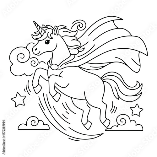 Superhero unicorn with a flowing cape flies through a starry night sky for a magical kids coloring page