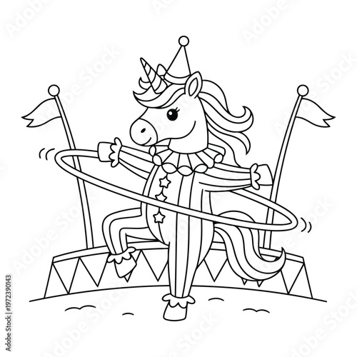 Unicorn circus performer in a clown costume spinning a hula hoop for a kids coloring page