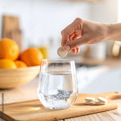 Womans hand drops an effervescent vitamin tablet into a glass of water in a bright kitchen. Concept of health, wellness, and immunity boost. Ideal for nutrition and lifestyle themes.