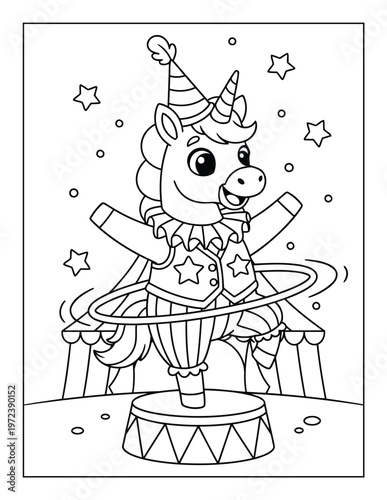 Cute unicorn circus clown spinning hula hoop on a pedestal for kids coloring page