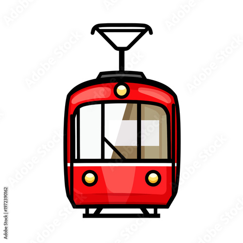 A frontal cartoon view of a red tram with black outlines and details