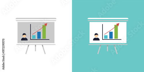 Illustration of a business presentation board displaying a vibrant bar chart with an upward trend arrow, symbolizing growth, success, and data visualization in a corporate or educational setting