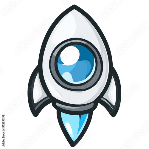 A cartoon-style rocket, white body, round window with blue interior and flame effect