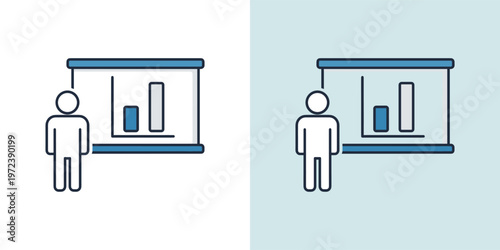 Linear vector icon set illustrating a speaker presenting a bar chart on a screen, embodying the concept of clear data visualization and informational sharing in a professional context