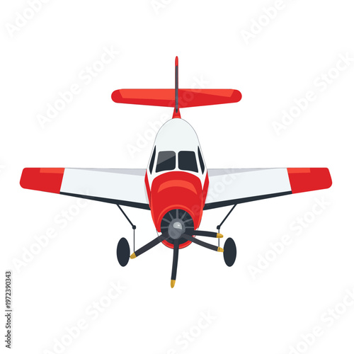 A stylized front view of a small red and white airplane with a propeller, landing gear, and wings