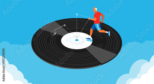 Man running on a vinyl record, symbolizing exercise, music, and a healthy lifestyle against a bright blue sky