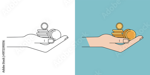 Outline and Color Vector Illustration of a Hand Holding Stacked Coins, Representing Financial Savings, Earnings, and Economic Support