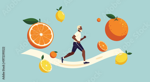 Active senior man running with fresh oranges and lemons, symbolizing healthy lifestyle and vitality