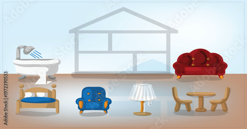 Cross-section of detailed dollhouse model, revealing multiple furnished rooms with modern interior design. Pastel wooden doll furniture set in pinks and soft colors, watercolor effect, isolated.