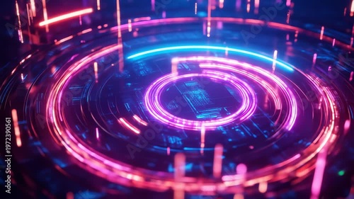Abstract digital animation of glowing neon circles and lines