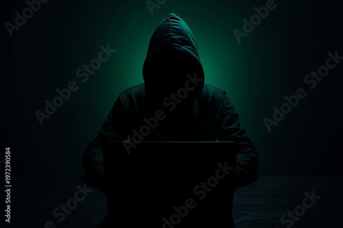 Mysterious figure wearing a hoodie using a laptop with dark green lighting and dark background
