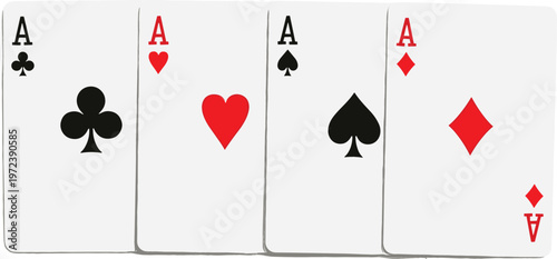 Four aces playing cards set with clubs hearts spades and diamonds, classic casino gambling concept vector illustration for poker game and card design
