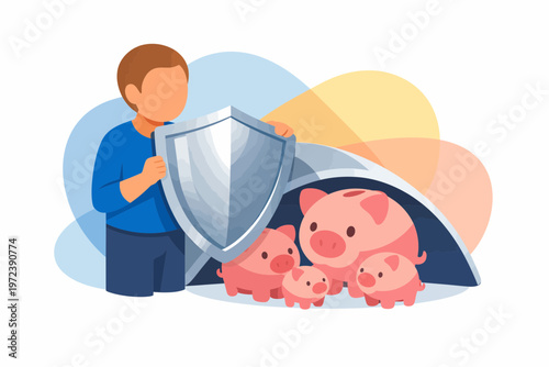 Financial Protection and Savings Security with Piggy Banks and Shield