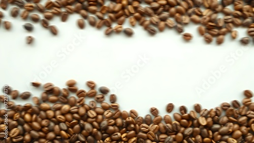 corretto. Aerial view of coffee beans in a dynamic horizontal arrangement with a soft blurred background. menu design, packaging mockups, designed for culinary blogs and recipe cards for restaurants.
