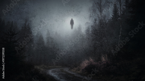 A horror concept of a spooky ghost like figure floating above a path in a bleak winters forest. With a grunge textured edit