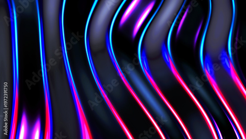 Abstract dark black background with neon colored lines, dynamic purple blue lights on black background.