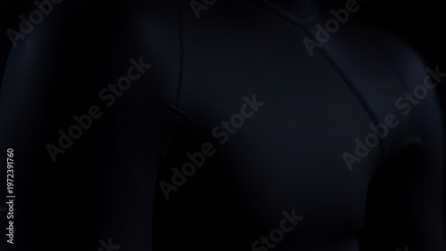 neoprene. Close-up detail of a black wetsuit showing smooth rubber texture and stitching. STEM education sheets, lab safety posters, designed for biotech research communications.
