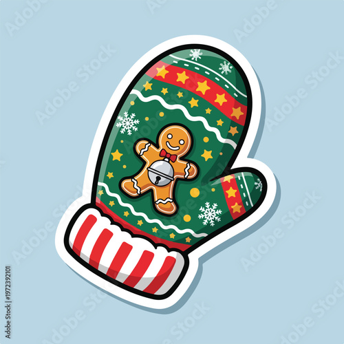 Colorful Christmas mitten with gingerbread man.