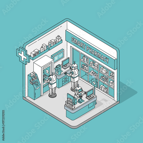 Isometric illustration of a smart pharmacy interior.
