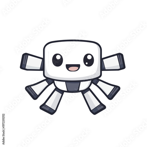 Cute robot illustration with a smiling expression, featuring a boxy head, multiple limbs, and a white and grey color scheme
