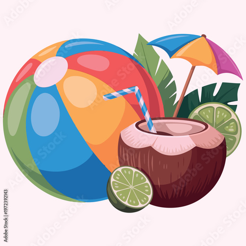 A vibrant summer still life featuring a beach ball coconut drink and tropical elements