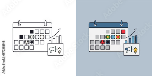 Marketing Strategy Calendar for Content Planning and Campaign Scheduling with Growth Analytics and Promotion Megaphone. Digital Media and Social Media Management Concept