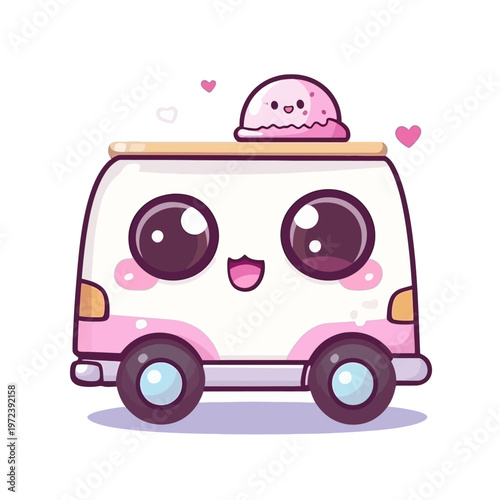 Adorable kawaii illustration of a pink and white van with large eyes and ice cream on top