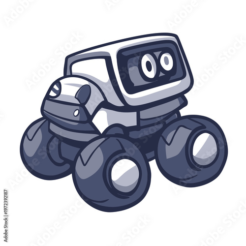 A cartoonish vehicle with big tires and large eyes, in shades of grey