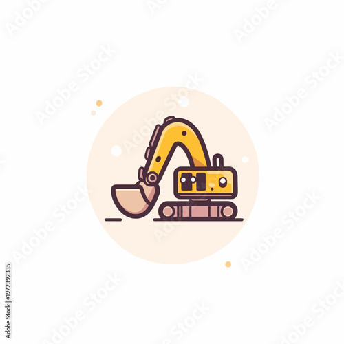 Cartoon illustration of an excavator, inside a circular frame with additional decorative dots