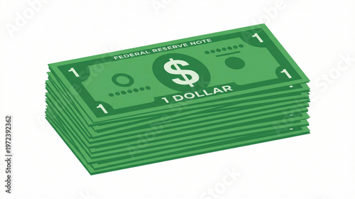 Stack of green one dollar bills on a white background