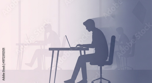 Silhouette of a focused businessman working on a laptop in a modern office with blurred coworkers and a purple haze background