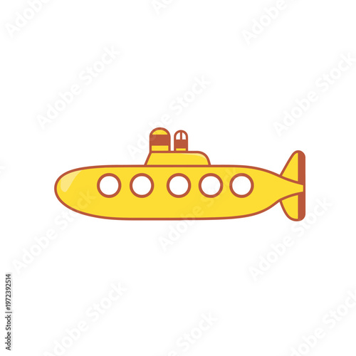 A cartoon-style depiction of a yellow submarine with portholes, a conning tower, and a tail fin