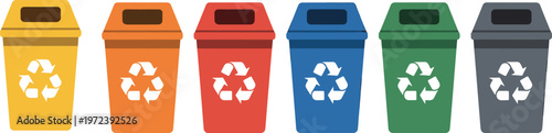 Colorful recycling bins set with waste sorting icons for environmental protection ecology and sustainable garbage management vector illustration