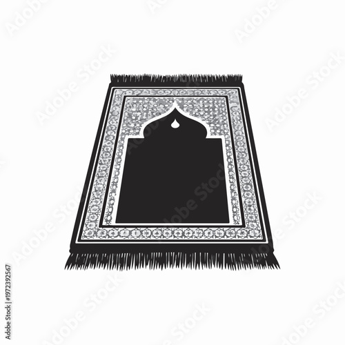 An elegant black and white vector illustration of a traditional Islamic prayer mat adorned with intricate geometric and mihrab patterns, symbolizing devotion and worship.