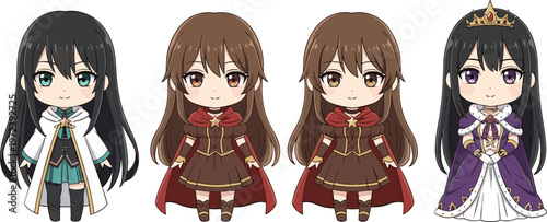 Cute chibi princess and fantasy girl characters set with different outfits, cartoon anime style vector illustration for game design, avatars, and storytelling