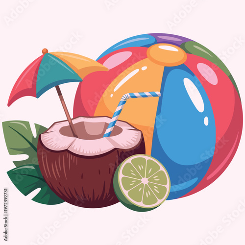 Tropical summer still life with beach ball coconut drink and lime