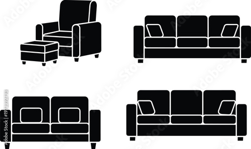 Set of modern living room furniture silhouettes including comfortable sofas couches and armchairs with ottoman isolated on a plain white background.