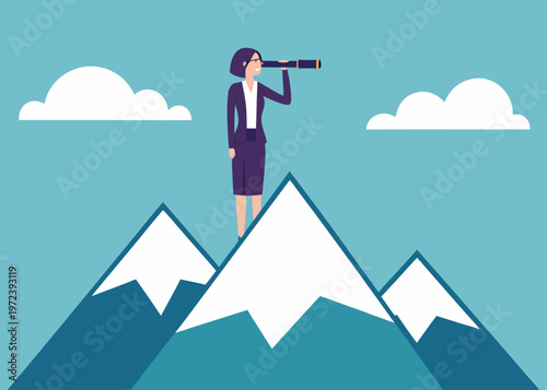 Businesswoman in a purple suit stands on a snowy mountain peak looking through a telescope towards distant clouds in a blue sky.